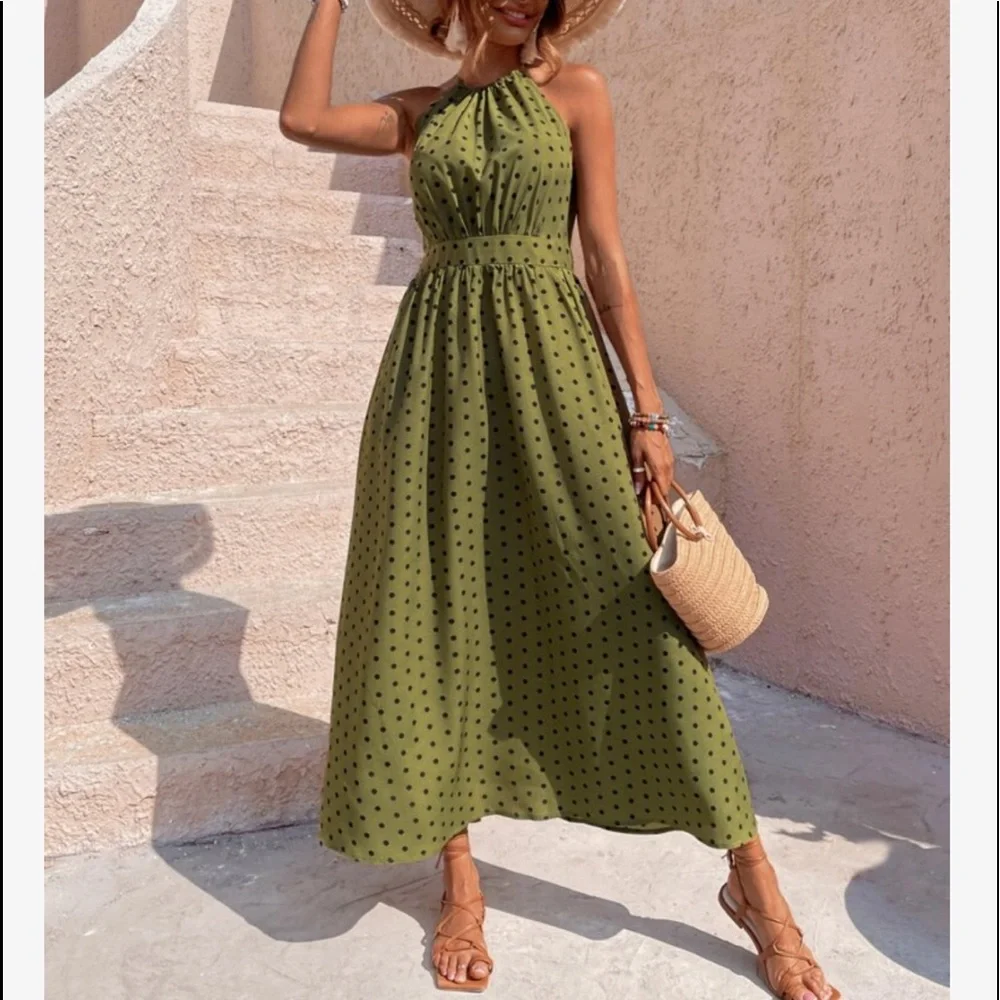Boho Polka Dot Halter Maxi Dress Brown - Picture 8 of 13